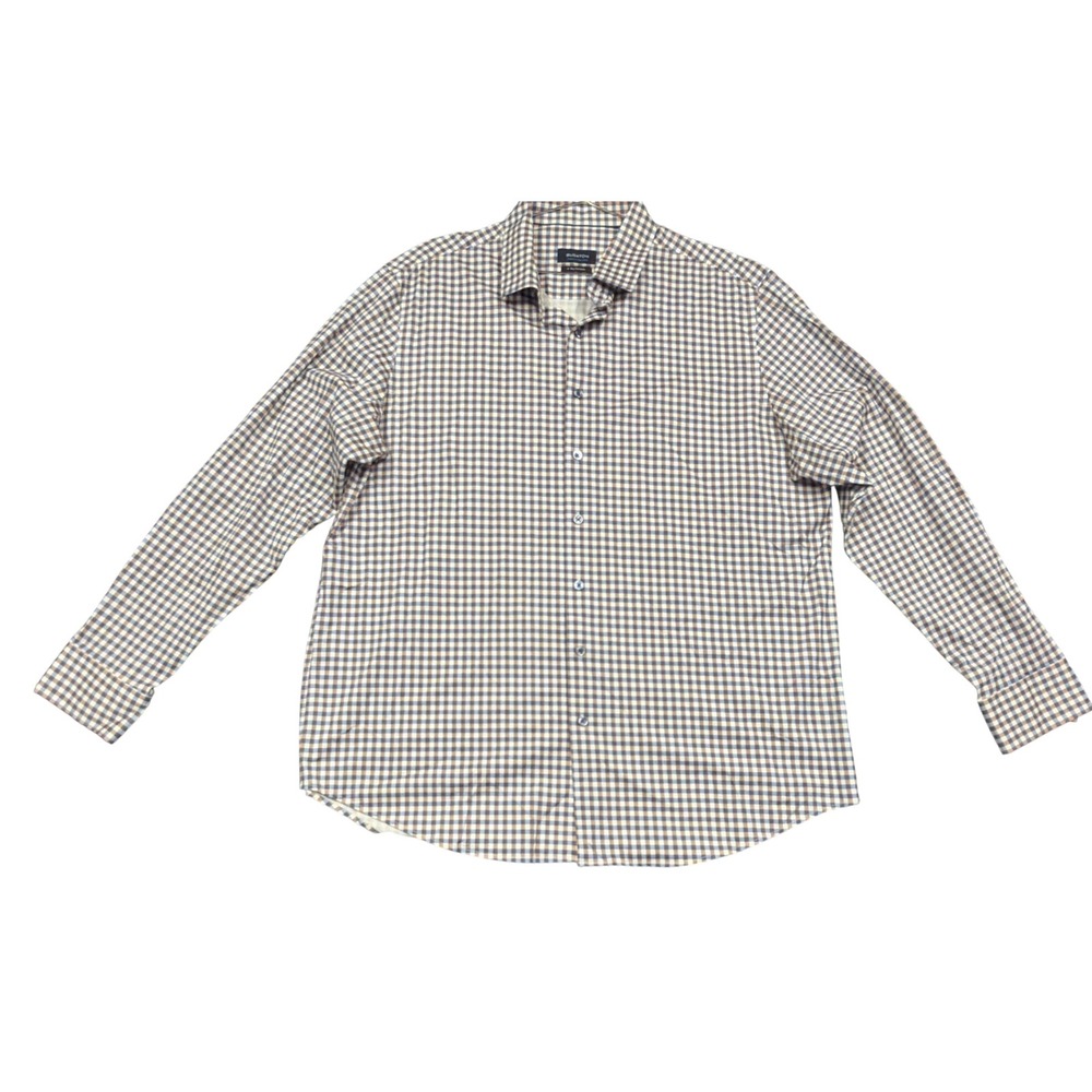 Bugatchi Shirt Mens XL Blue Brown OoohCotton Tech 8-Way Stretch Gingham Plaid